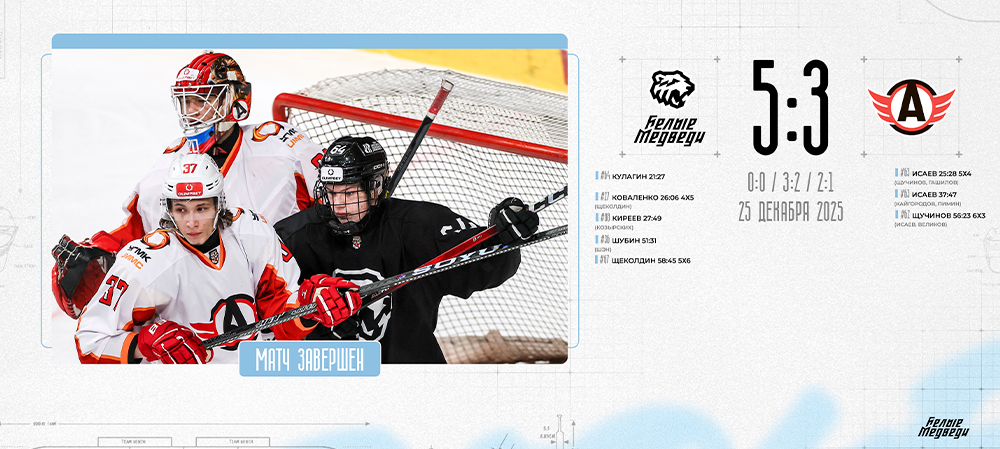 OLIMPBET Чемпионат МХЛ. «Белые Медведи» обыграли «Авто» в заключительном домашнем матче уходящего года  
