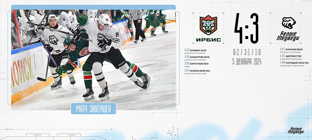 OLIMPBET Чемпионат МХЛ. «Белые Медведи» уступили «Ирбису»  